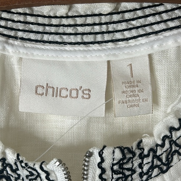 CHICO’S Embroidered Smocked Jacket 3/4 Sleeves White/Black Size 1 Medium - Picture 7 of 16
